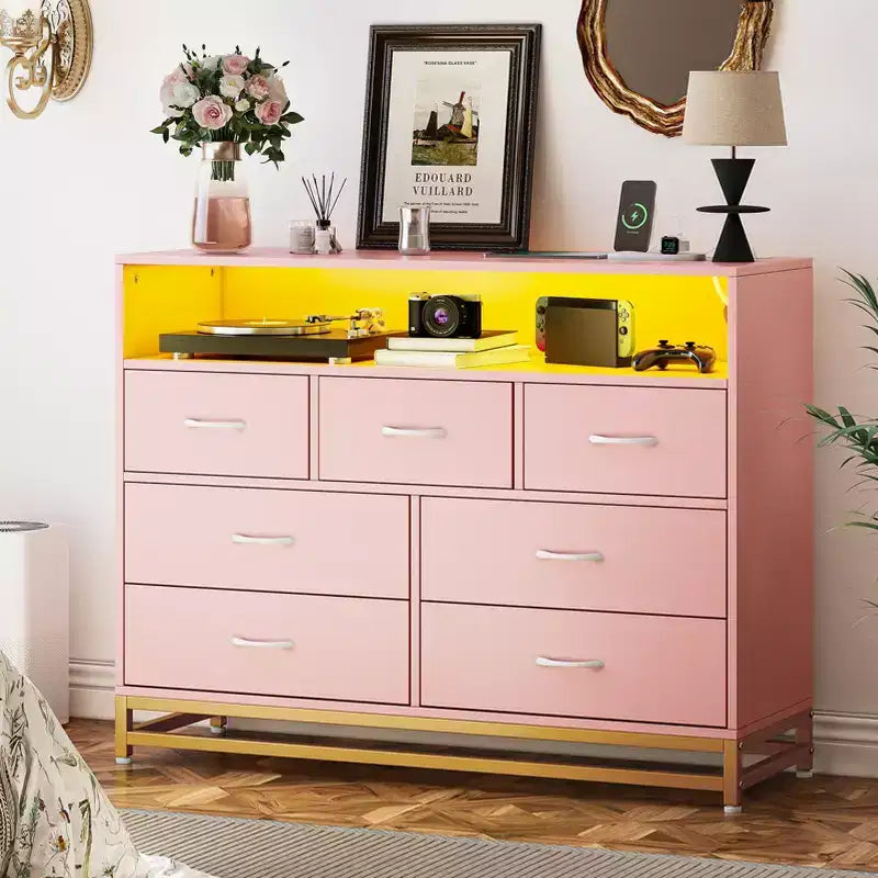 Acekool Bedroom 7 Drawer Long Dresser Chest, Wooden Wide Storage Organizer for Clothes and Accessories, Pink Colors