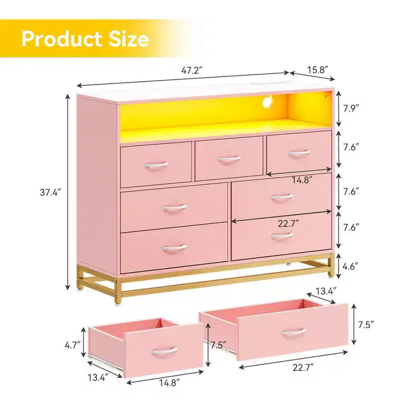 Acekool Commode de chambre longue à 7 tiroirs, meuble de rangement large en bois pour vêtements et accessoires, couleurs roses