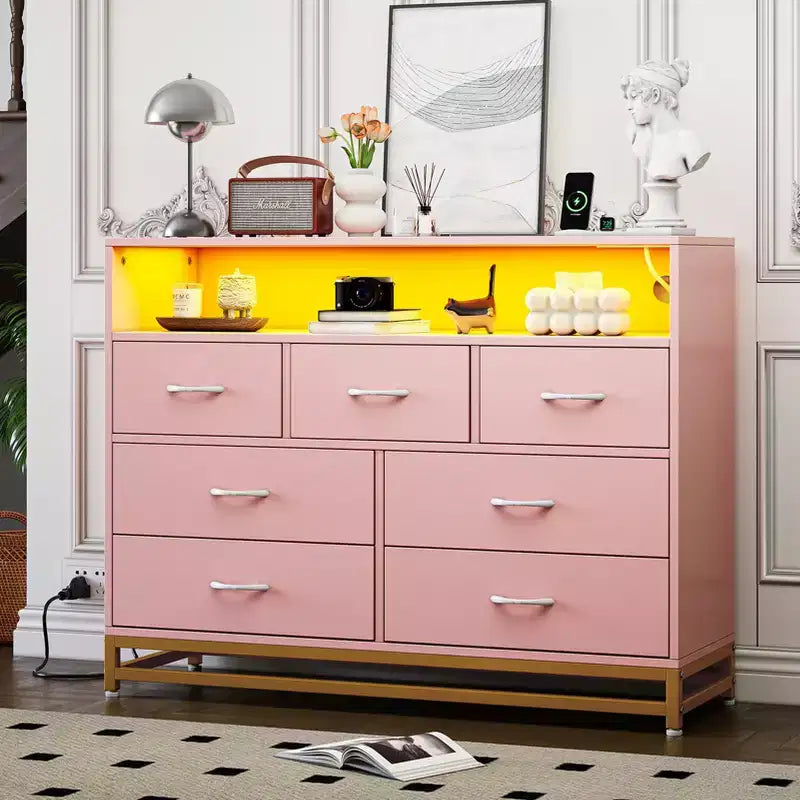 Acekool Commode de chambre longue à 7 tiroirs, meuble de rangement large en bois pour vêtements et accessoires, couleurs roses