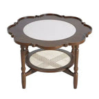 Table basse Whisen en forme de pétale avec plateau en verre craquelé et étagère de rangement à deux niveaux en rotin - Noyer