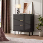 Fluted 3 Drawers Dresser, 2pcs Wood Chest of Drawers, Storage Dresser Chest with Metal Legs and Anti-Tipping Device for Bedroom Living Room, Black