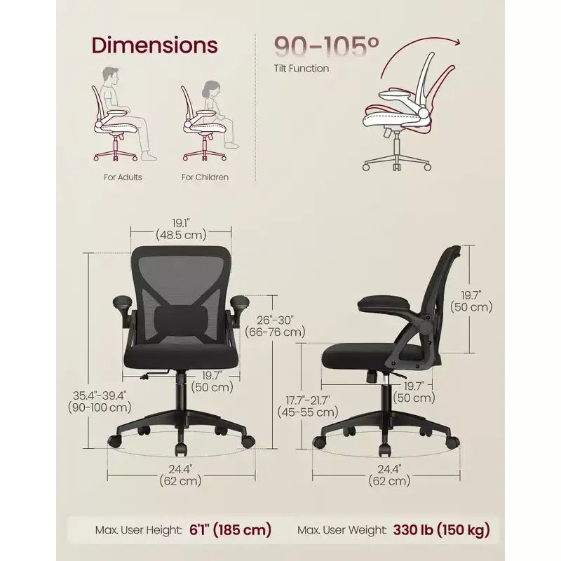 VASAGLE Chaise de Bureau Ergonomique en Maille avec Support Lombaire Réglable, Fonction d'Inclinaison 90-105°, Siège Large, Accoudoirs Relevables