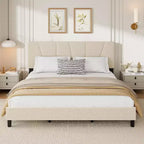 Cadre de lit plateforme capitonné à motif géométrique beige King Size DobleePy, tête de lit réglable, support à lattes en bois, pas besoin de sommier tapissier