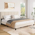 Cadre de lit plateforme capitonné à motif géométrique beige King Size DobleePy, tête de lit réglable, support à lattes en bois, pas besoin de sommier tapissier