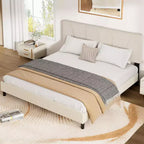 Cadre de lit plateforme capitonné à motif géométrique beige King Size DobleePy, tête de lit réglable, support à lattes en bois, pas besoin de sommier tapissier