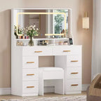 Coiffeuse avec grand miroir, table de maquillage blanche avec plateau en verre et 8 tiroirs, tabouret inclus pour chambre à coucher