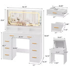 Coiffeuse avec grand miroir, table de maquillage blanche avec plateau en verre et 8 tiroirs, tabouret inclus pour chambre à coucher