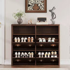 Meuble à chaussures à 4 tiroirs basculants avec étagères réglables, rangement ouvert, motif floral, poignée diamant, organiseur à chaussures en bois mince pour entrée et couloir