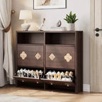 Meuble à chaussures à 4 tiroirs basculants avec étagères réglables, rangement ouvert, motif floral, poignée diamant, organiseur à chaussures en bois mince pour entrée et couloir