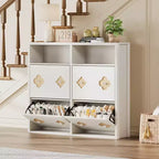 Meuble à chaussures à 4 tiroirs basculants avec étagères réglables, rangement ouvert, motif floral, poignée diamant, organiseur à chaussures en bois mince pour entrée et couloir