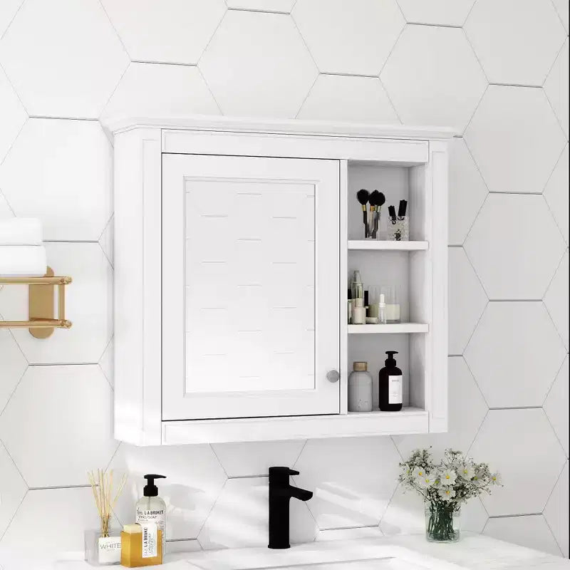 AMMER Armoire à pharmacie 76 x 71 cm, Meuble de rangement mural pour salle de bain, Meuble haut de salle de bain avec miroir, Armoire miroir avec 3 étagères ouvertes