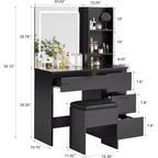 Coiffeuse avec miroir et lumières, table de maquillage avec prises, tabouret de rangement, tiroirs et support de sèche-cheveux pour salon et chambre, noir