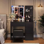 Coiffeuse avec miroir et lumières, table de maquillage avec prises, tabouret de rangement, tiroirs et support de sèche-cheveux pour salon et chambre, noir