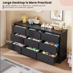 Commode noire à 9 tiroirs, coffre horizontal avec tiroirs profonds et plateau large, double rangement pour chambre à coucher, chambre d'enfant, placard, salon