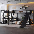 GDFStudio Urban L-Shaped Metal Triple Bunk Bed with Slide and Desk
