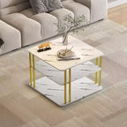 Table basse carrée moderne à 3 niveaux GOLDFAN blanche avec pieds en métal doré et rangement