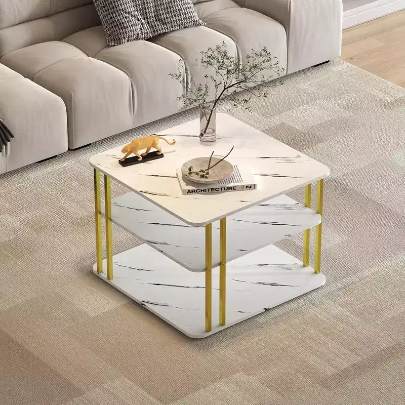 Table basse carrée moderne à 3 niveaux GOLDFAN blanche avec pieds en métal doré et rangement