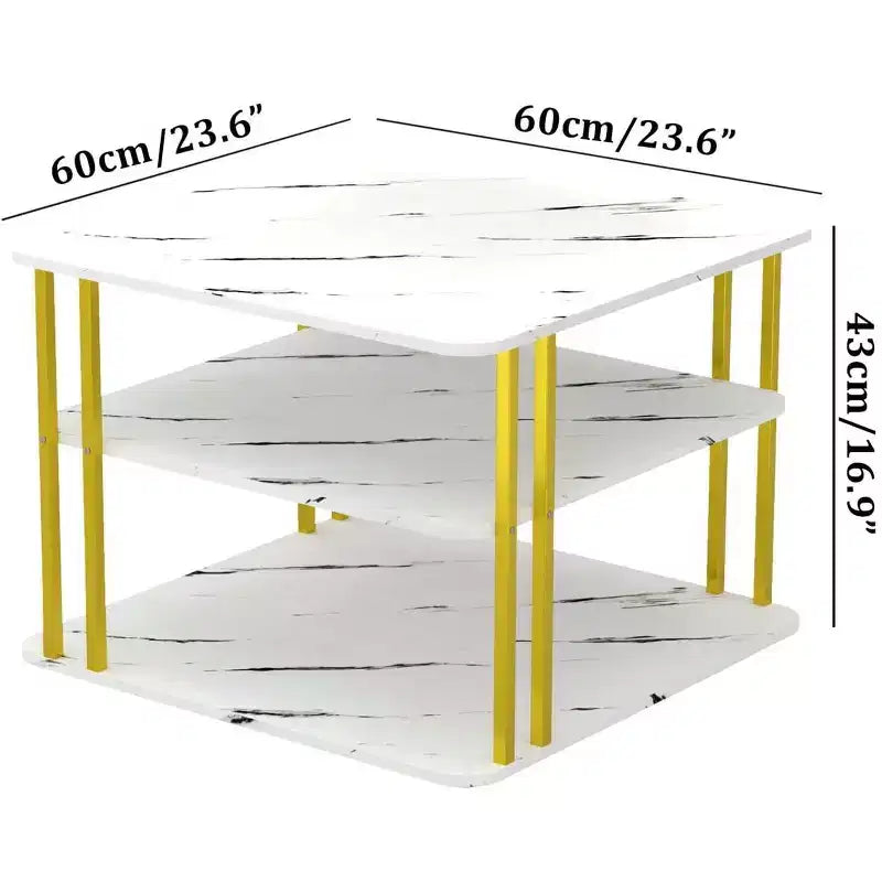 Table basse carrée moderne à 3 niveaux GOLDFAN blanche avec pieds en métal doré et rangement
