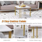 Table basse carrée moderne à 3 niveaux GOLDFAN blanche avec pieds en métal doré et rangement