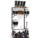 Porte-casque de moto mural, avec 4 supports pour casquettes, pinces à gants, crochets et étagère en bois, pour casques/équipements/vestes, acier, bois