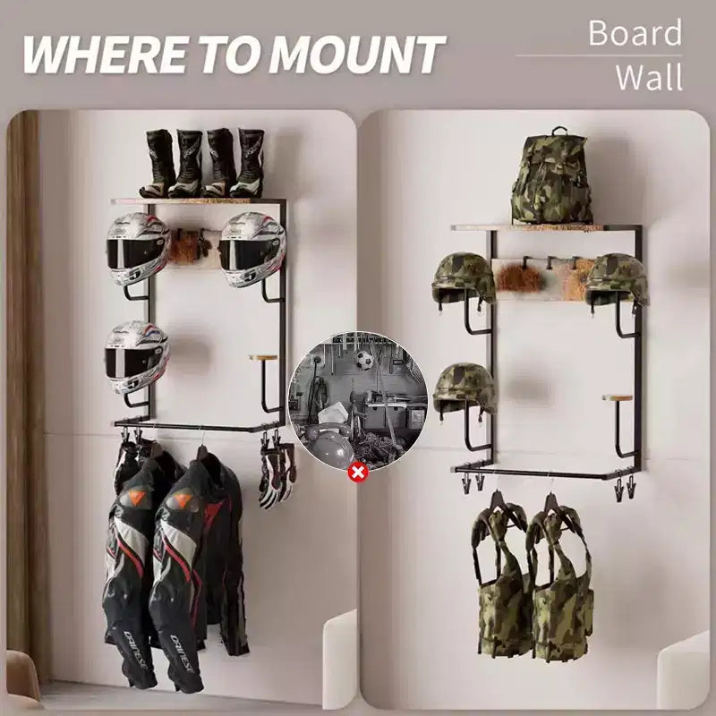 Porte-casque de moto mural, avec 4 supports pour casquettes, pinces à gants, crochets et étagère en bois, pour casques/équipements/vestes, acier, bois