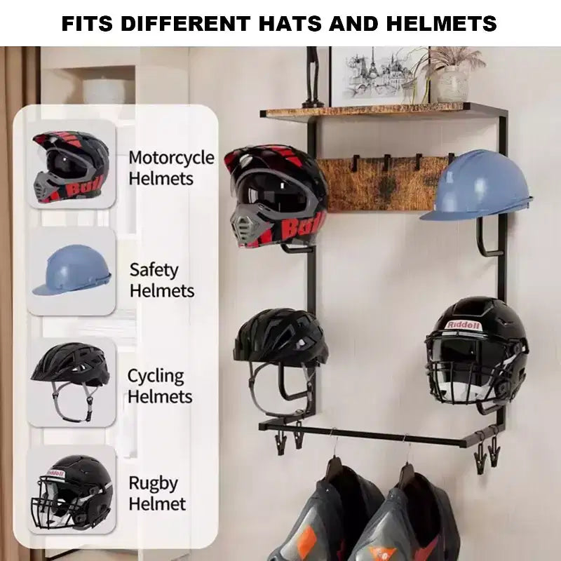 Porte-casque de moto mural, avec 4 supports pour casquettes, pinces à gants, crochets et étagère en bois, pour casques/équipements/vestes, acier, bois