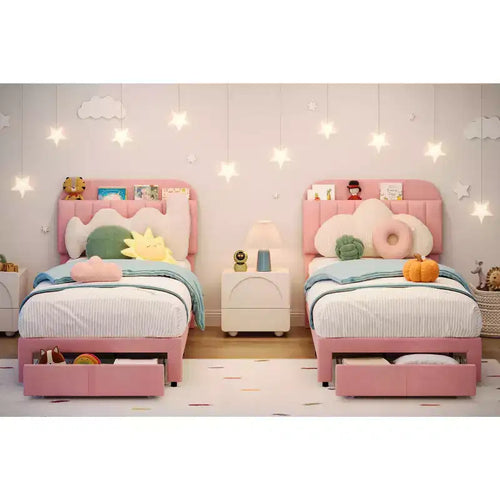 2 Pack Twin Bed Frame with Storage Drawers & Headboard, Velvet Upholstered, Low Profile, Noise-Free, Easy Assembly Pink