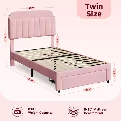 Lot de 2 sommiers de lit jumeaux avec tiroirs de rangement et tête de lit, en velours, profil bas, silencieux, montage facile Rose