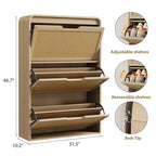Meuble à chaussures étroit en rotin avec 3 tiroirs basculants, Organisateur de chaussures d'entrée en bois avec étagères réglables et amovibles, Chêne naturel