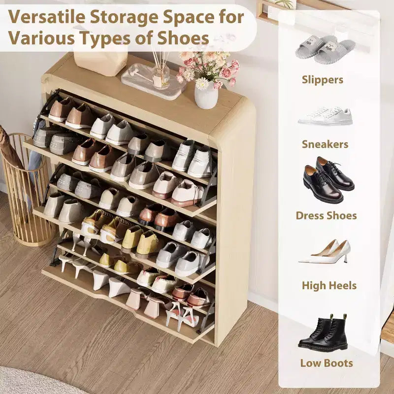 Meuble à chaussures étroit en rotin avec 3 tiroirs basculants, Organisateur de chaussures d'entrée en bois avec étagères réglables et amovibles, Chêne naturel