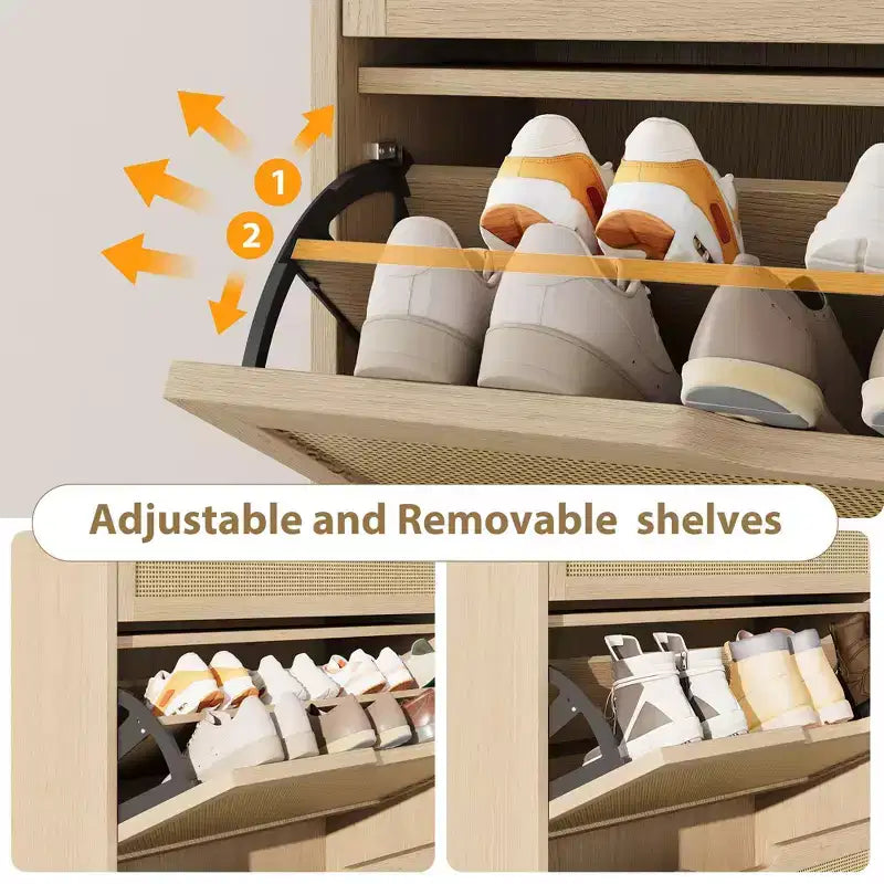 Meuble à chaussures étroit en rotin avec 3 tiroirs basculants, Organisateur de chaussures d'entrée en bois avec étagères réglables et amovibles, Chêne naturel