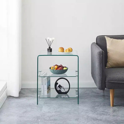 2-Tier Tempered Glass Side Table, Clear Modern End Table for Living Room and Bedroom