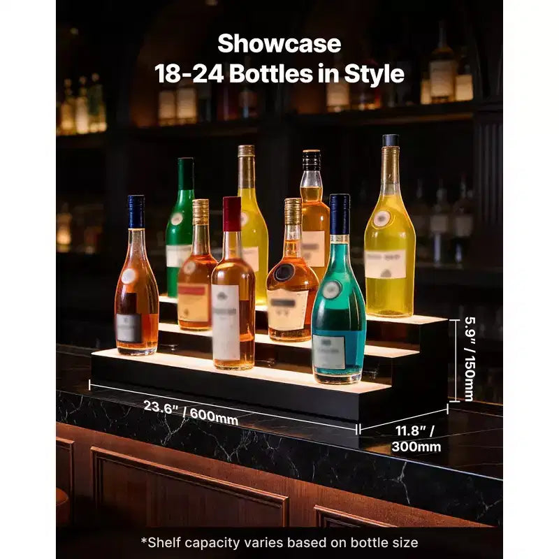 VEVOR Présentoir de Bouteilles Lumineux LED, 3 Niveaux 61 cm, Support USB, Présentoir d'Étagère de Bar Lumineux en Acrylique avec Télécommande RF et Contrôle par Application, Noir+Blanc