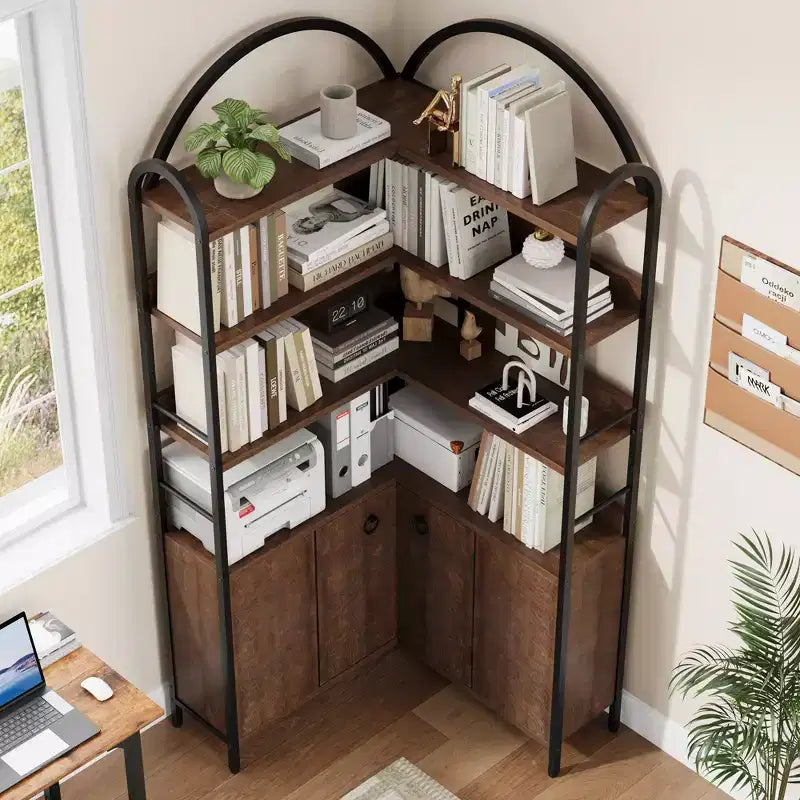Étagère d'angle Garvee avec rangement, bibliothèque d'angle de 189 cm avec armoire, bibliothèque en L cintrée à 6 niveaux avec cadre métallique pour salon et chambre