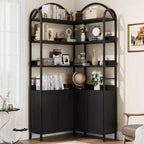 Garvee Corner Bookshelf with Storage, 74.5 Corner Bookcase with Cabinet, Arched L Shaped Bookshelf 6 Tier with Metal Frame for Living Room Bedroom