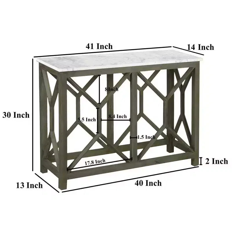 Table console de canapé Royal Hampton Agas 41 pouces, plateau en véritable marbre blanc, structure géométrique en bois de manguier gris cendre sablé et lavé