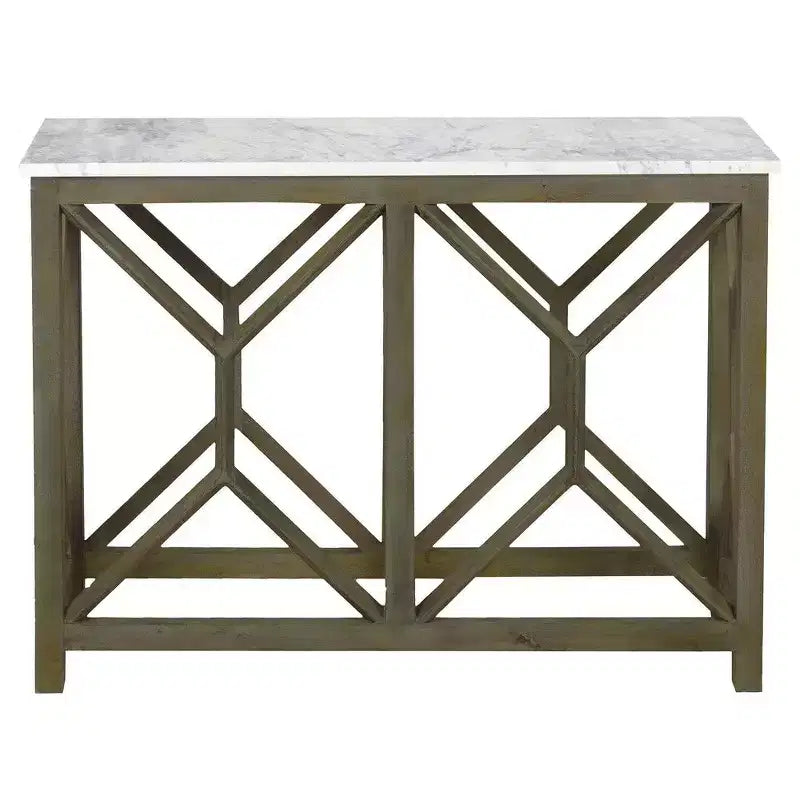 Table console de canapé Royal Hampton Agas 41 pouces, plateau en véritable marbre blanc, structure géométrique en bois de manguier gris cendre sablé et lavé