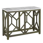 Table console de canapé Royal Hampton Agas 41 pouces, plateau en véritable marbre blanc, structure géométrique en bois de manguier gris cendre sablé et lavé