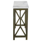 Table console de canapé Royal Hampton Agas 41 pouces, plateau en véritable marbre blanc, structure géométrique en bois de manguier gris cendre sablé et lavé