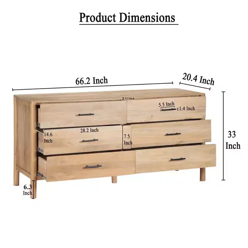 Commode Royal Hampton Geti, largeur 66 pouces, 6 tiroirs, bois de manguier blanc et chêne naturel fabriqué à la main