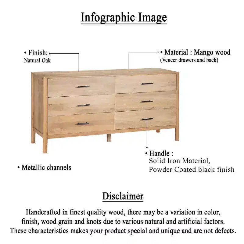 Commode Royal Hampton Geti, largeur 66 pouces, 6 tiroirs, bois de manguier blanc et chêne naturel fabriqué à la main