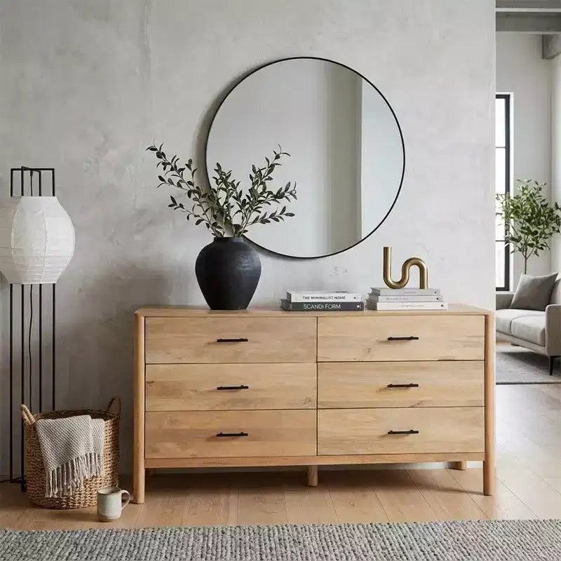Commode Royal Hampton Geti, largeur 66 pouces, 6 tiroirs, bois de manguier blanc et chêne naturel fabriqué à la main