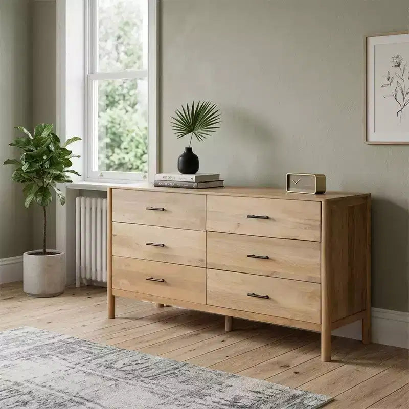 Commode Royal Hampton Geti, largeur 66 pouces, 6 tiroirs, bois de manguier blanc et chêne naturel fabriqué à la main