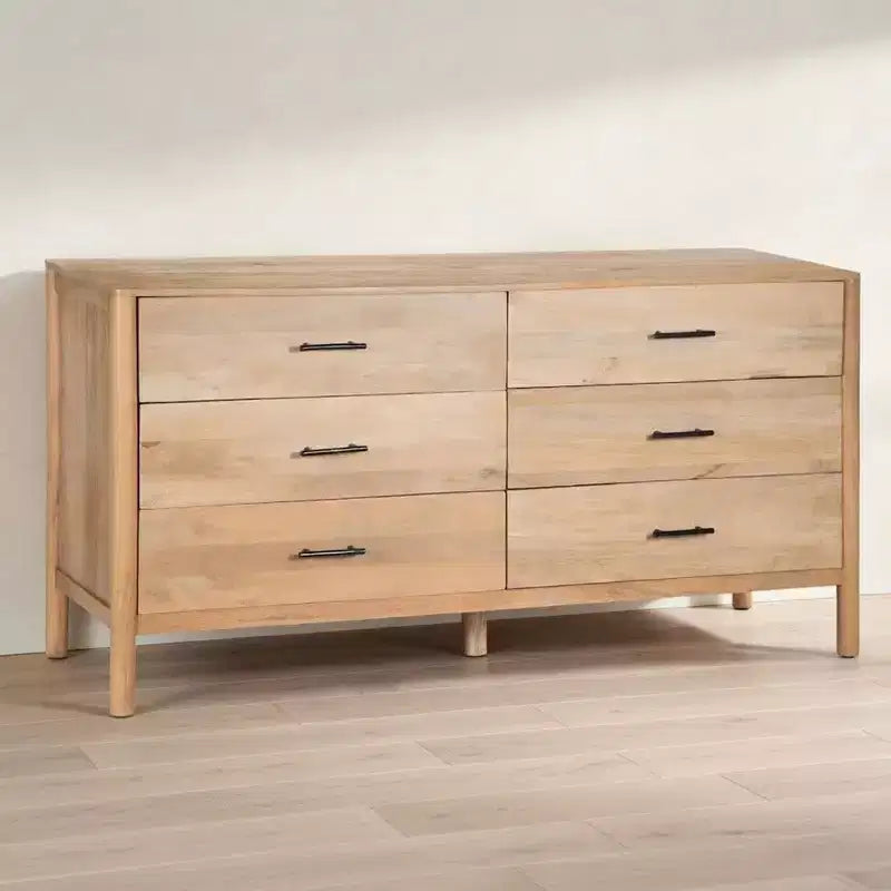 Commode Royal Hampton Geti, largeur 66 pouces, 6 tiroirs, bois de manguier blanc et chêne naturel fabriqué à la main
