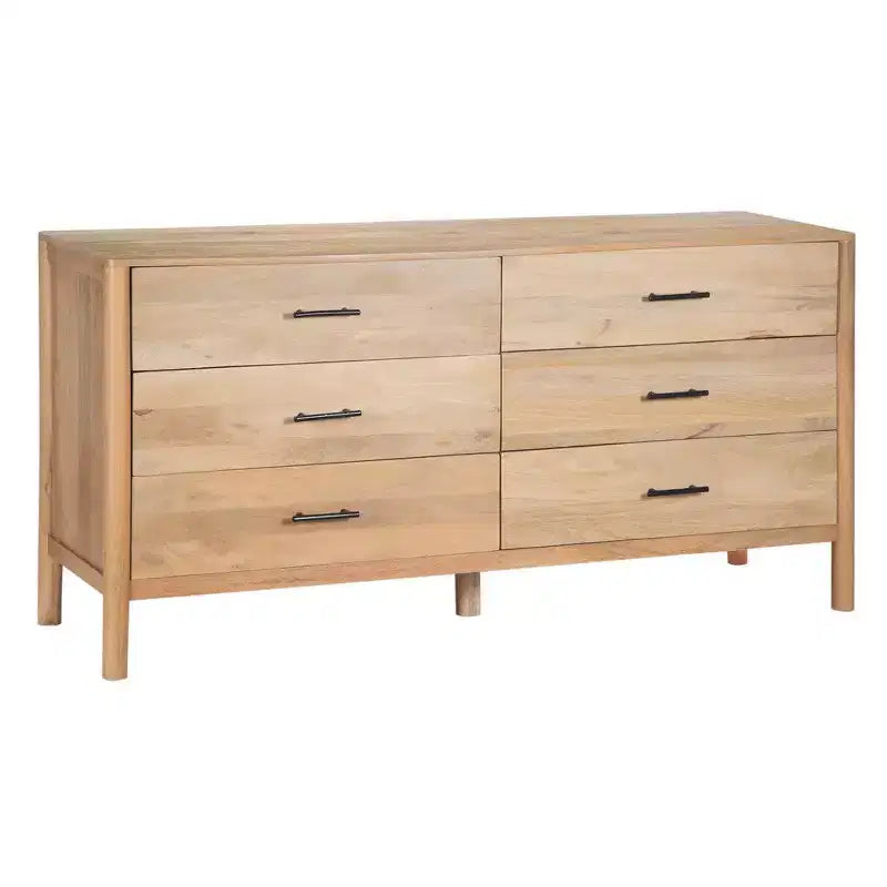 Commode Royal Hampton Geti, largeur 66 pouces, 6 tiroirs, bois de manguier blanc et chêne naturel fabriqué à la main
