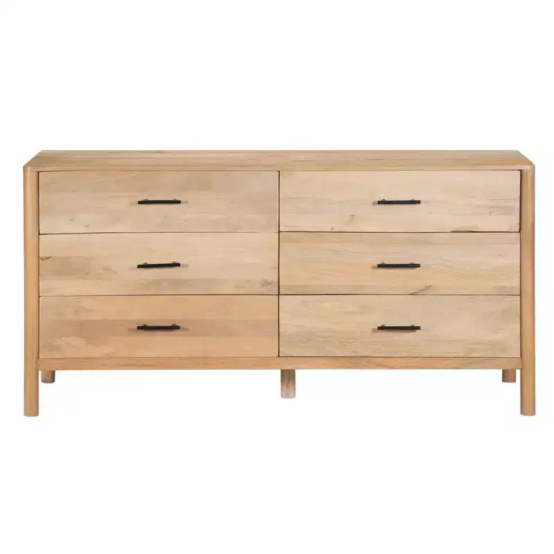 Commode Royal Hampton Geti, largeur 66 pouces, 6 tiroirs, bois de manguier blanc et chêne naturel fabriqué à la main