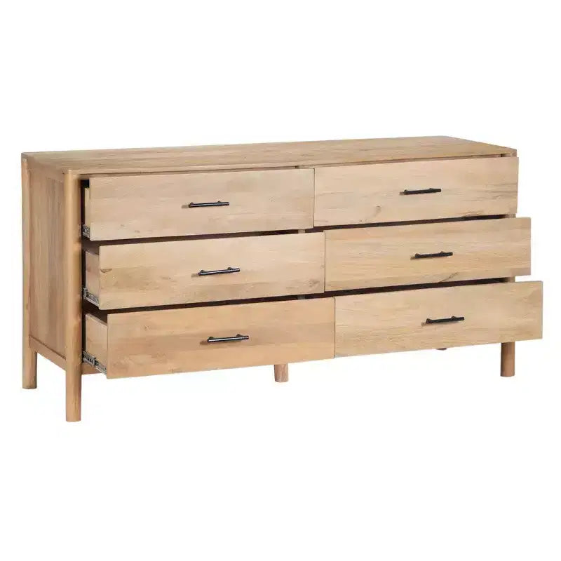 Commode Royal Hampton Geti, largeur 66 pouces, 6 tiroirs, bois de manguier blanc et chêne naturel fabriqué à la main