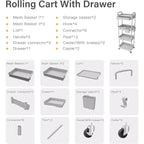 Chariot de rangement à roulettes 4 niveaux Aeelleea avec tiroir, desserte de rangement en plastique avec roues, roulettes verrouillables pour cuisine, salle de bain, bureau, chambre à coucher