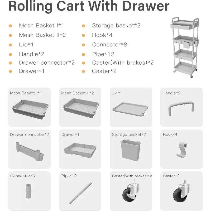 Chariot de rangement à roulettes 4 niveaux Aeelleea avec tiroir, desserte de rangement en plastique avec roues, roulettes verrouillables pour cuisine, salle de bain, bureau, chambre à coucher