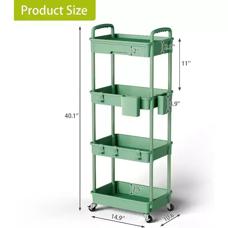 Chariot de rangement à roulettes 4 niveaux Aeelleea avec tiroir, desserte de rangement en plastique avec roues, roulettes verrouillables pour cuisine, salle de bain, bureau, chambre à coucher